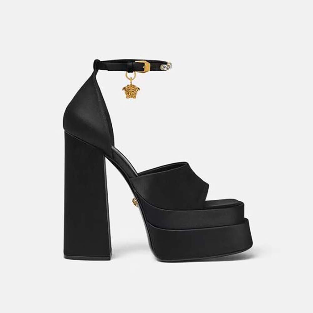 Front angle view of Versace Women Medusa Aevitas Platform Sandals-Black