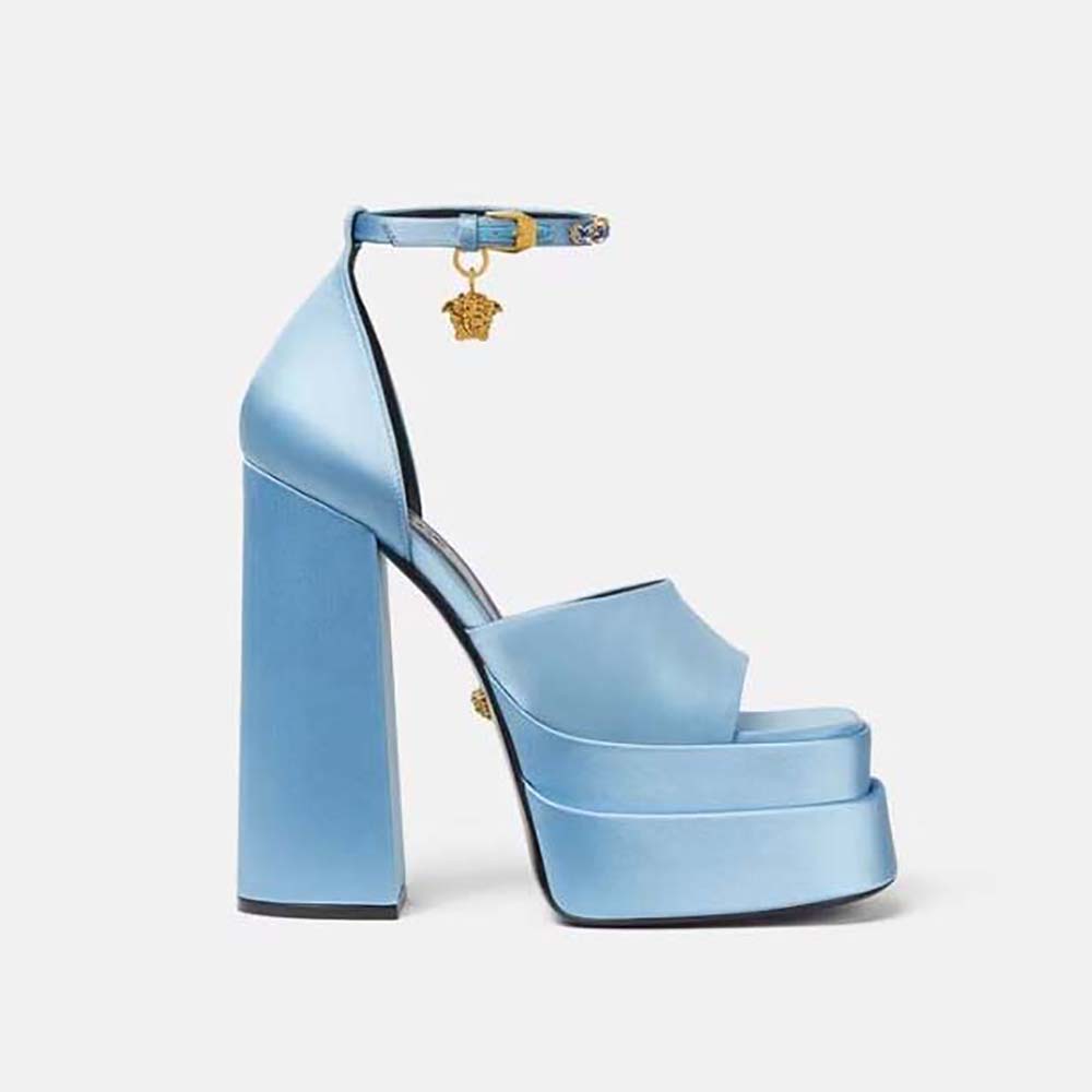 Side view of Versace Women Medusa Aevitas Platform Sandals-Blue showing platform height