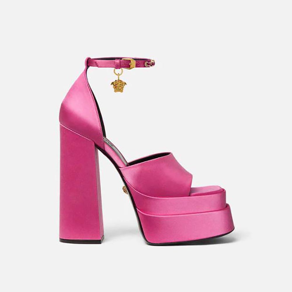 Side view of Versace Women Medusa Aevitas Platform Sandals-Pink showing silhouette