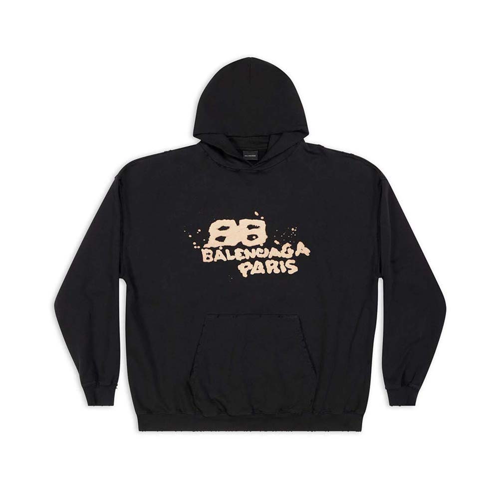 Front view of Balenciaga Women Hand Drawn BB Icon Hoodie Large Fit in Black
