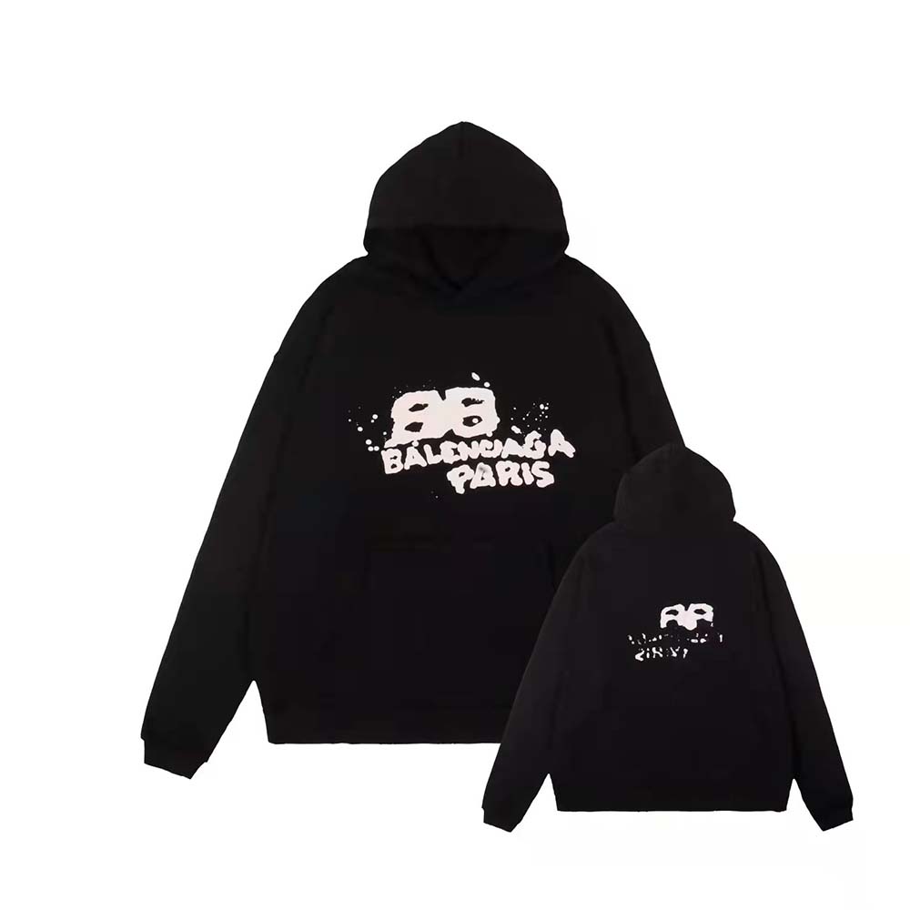 Close-up of hand drawn BB logo on black Balenciaga hoodie