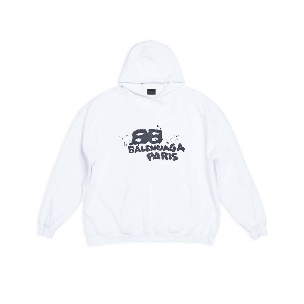 Front view of Balenciaga Women Hand Drawn BB Icon Hoodie Large Fit in white