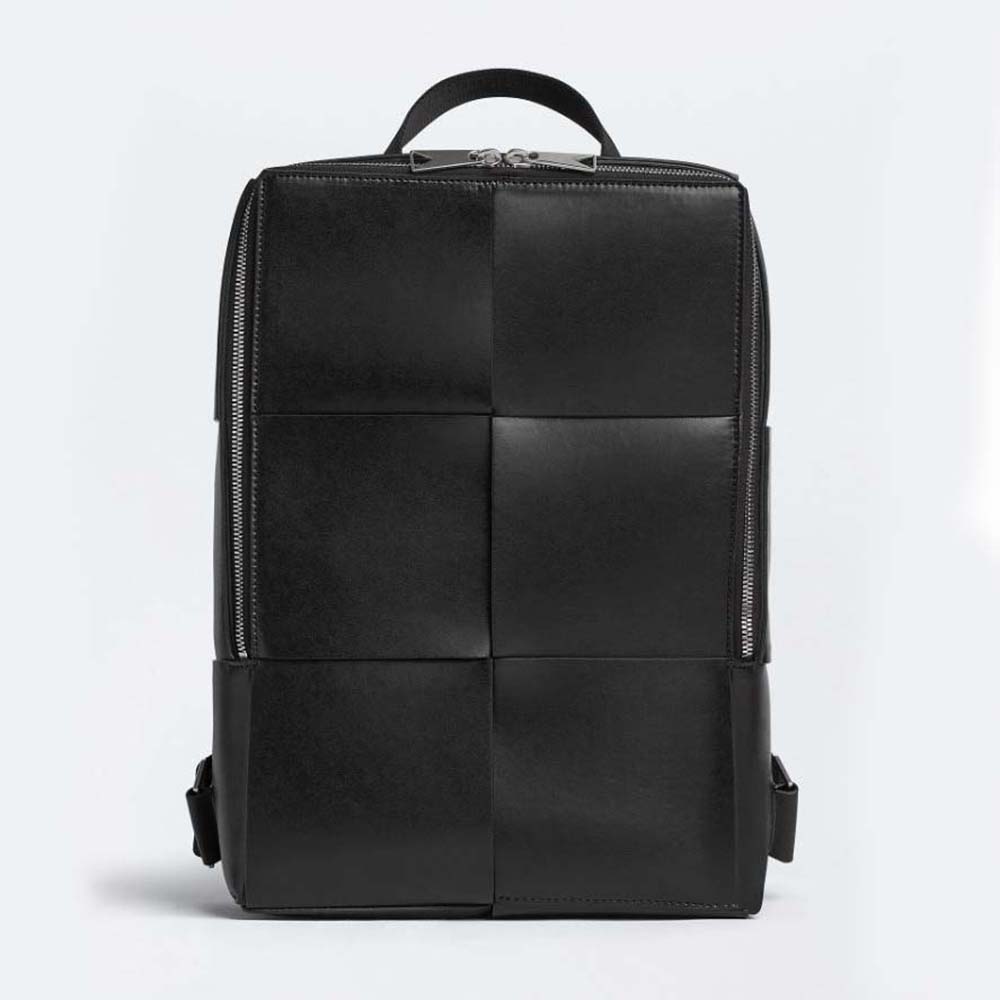 Front view of Bottega Veneta Men Arco Backpack in black calfskin leather