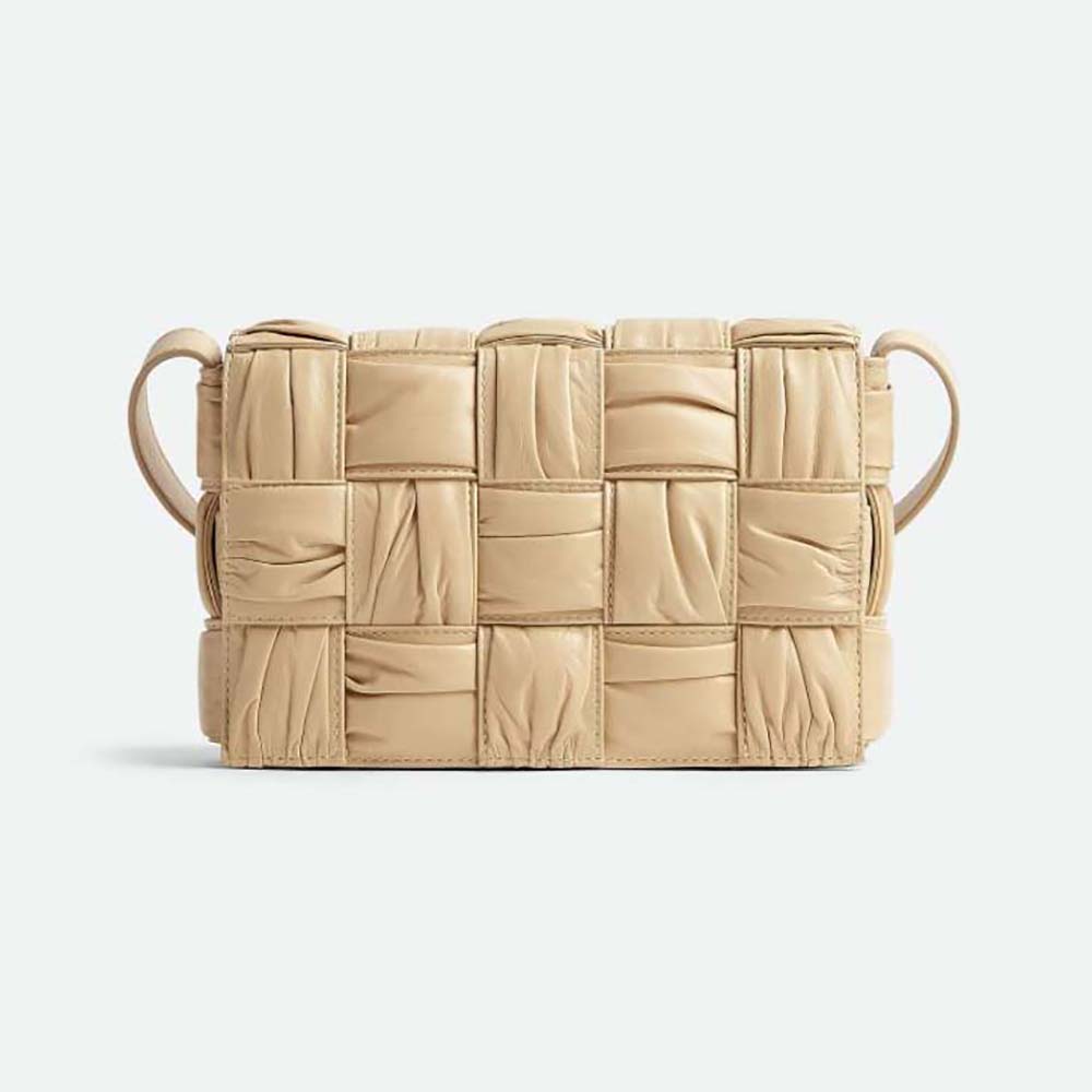 Front view of Bottega Veneta Women Cassette Foulard Intreccio Leather Cross-Body Bag-Beige