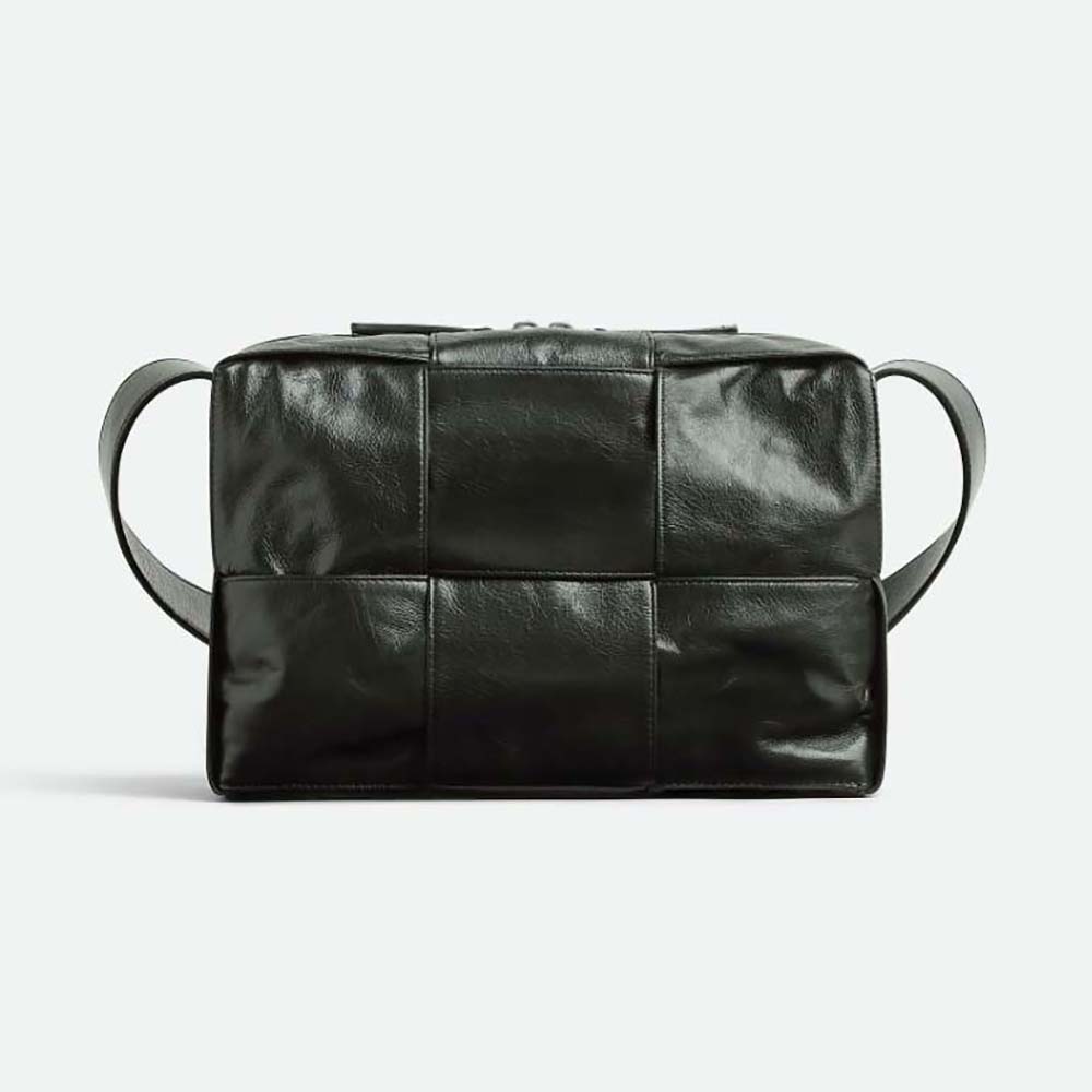 Front view of Bottega Veneta Women Intreccio Slouchy Leather Cross-Body Arco Camera Bag-Black