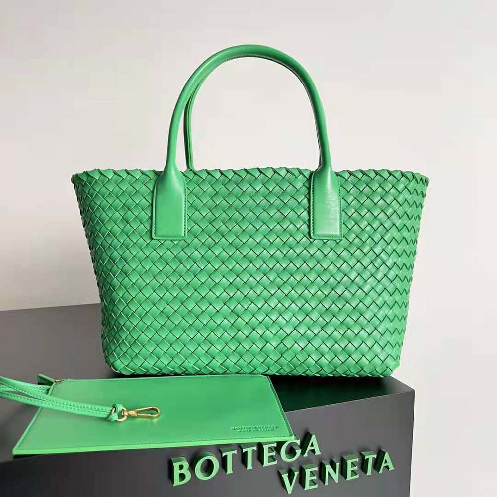 Close-up of woven leather detail on Bottega Veneta Medium Cabat Tote in green