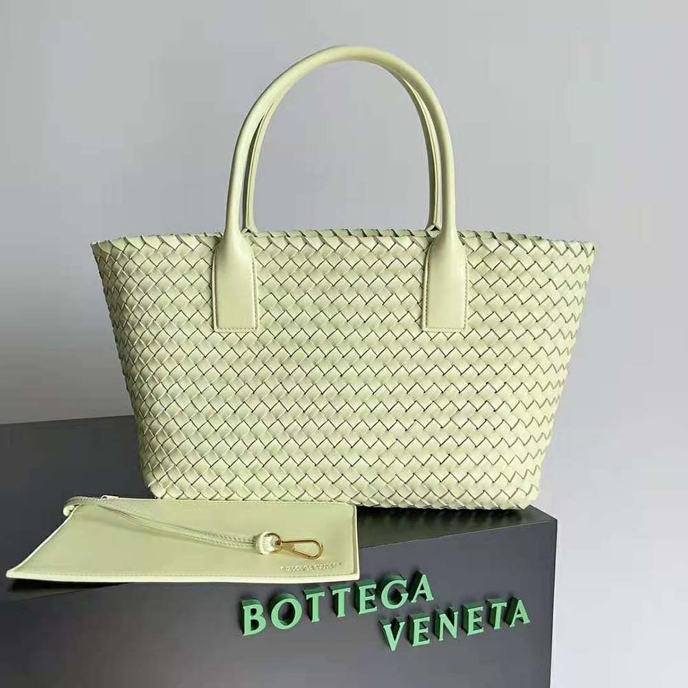 Close-up of gold-tone hardware on yellow leather tote bag