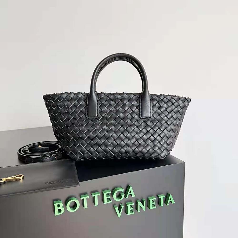 Close-up of intreccio leather weave on Bottega Veneta Mini Cabat Tote