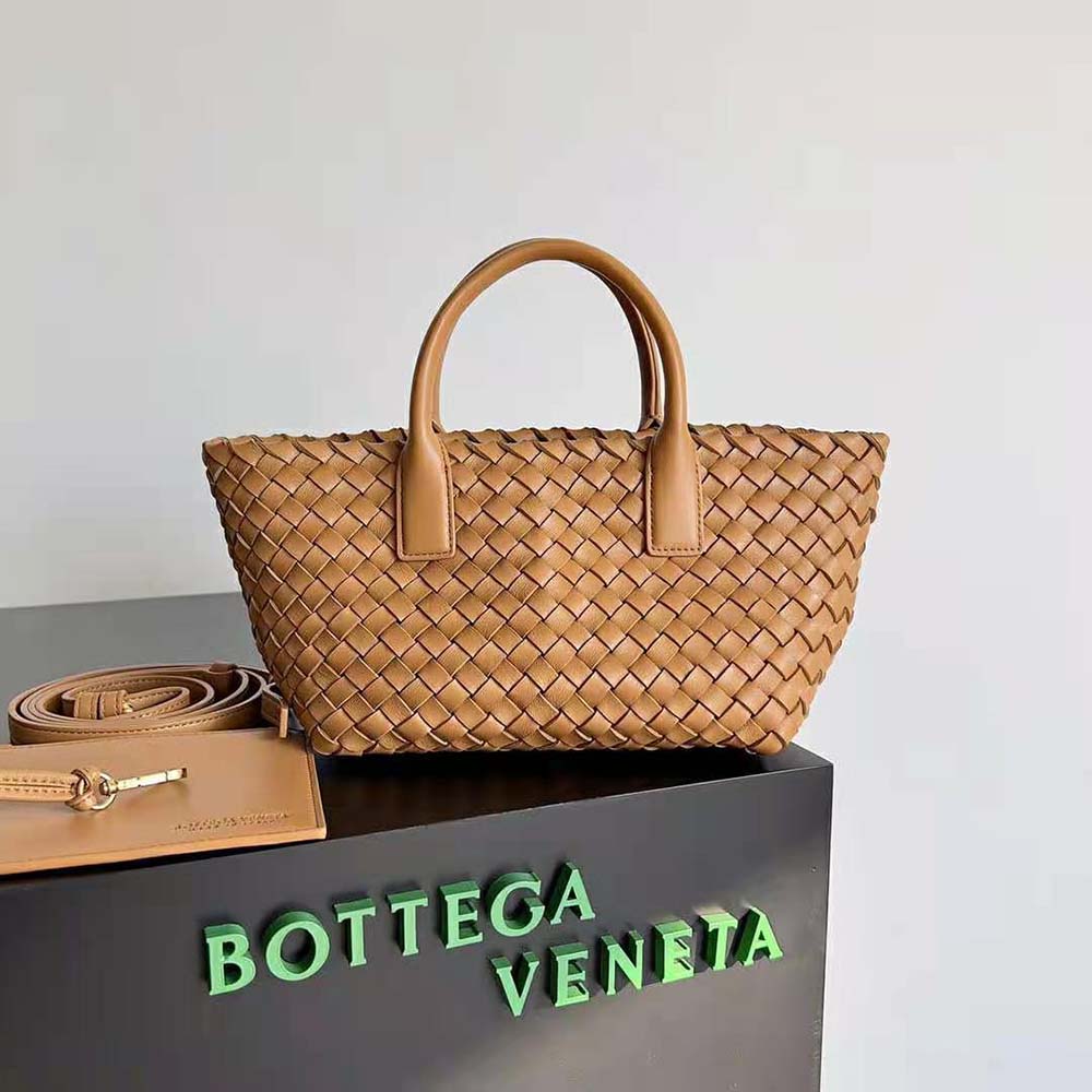 Close-up of woven intreccio leather texture on Mini Cabat Tote Brown