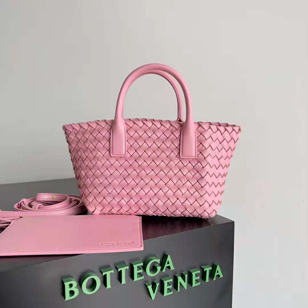 Close-up of intrecciato woven leather on pink Bottega Veneta Mini Cabat Tote