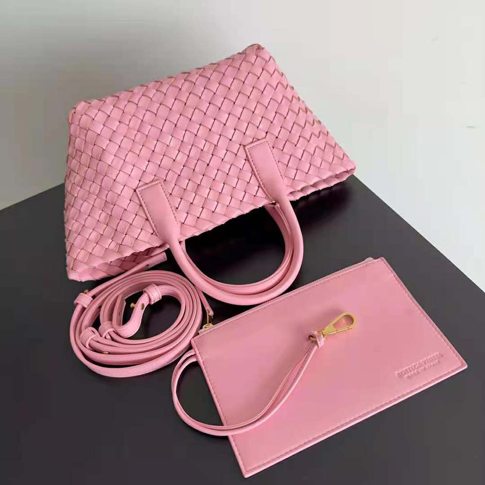 Side angle showing detachable strap and silver hardware on Bottega Veneta Mini Cabat Tote