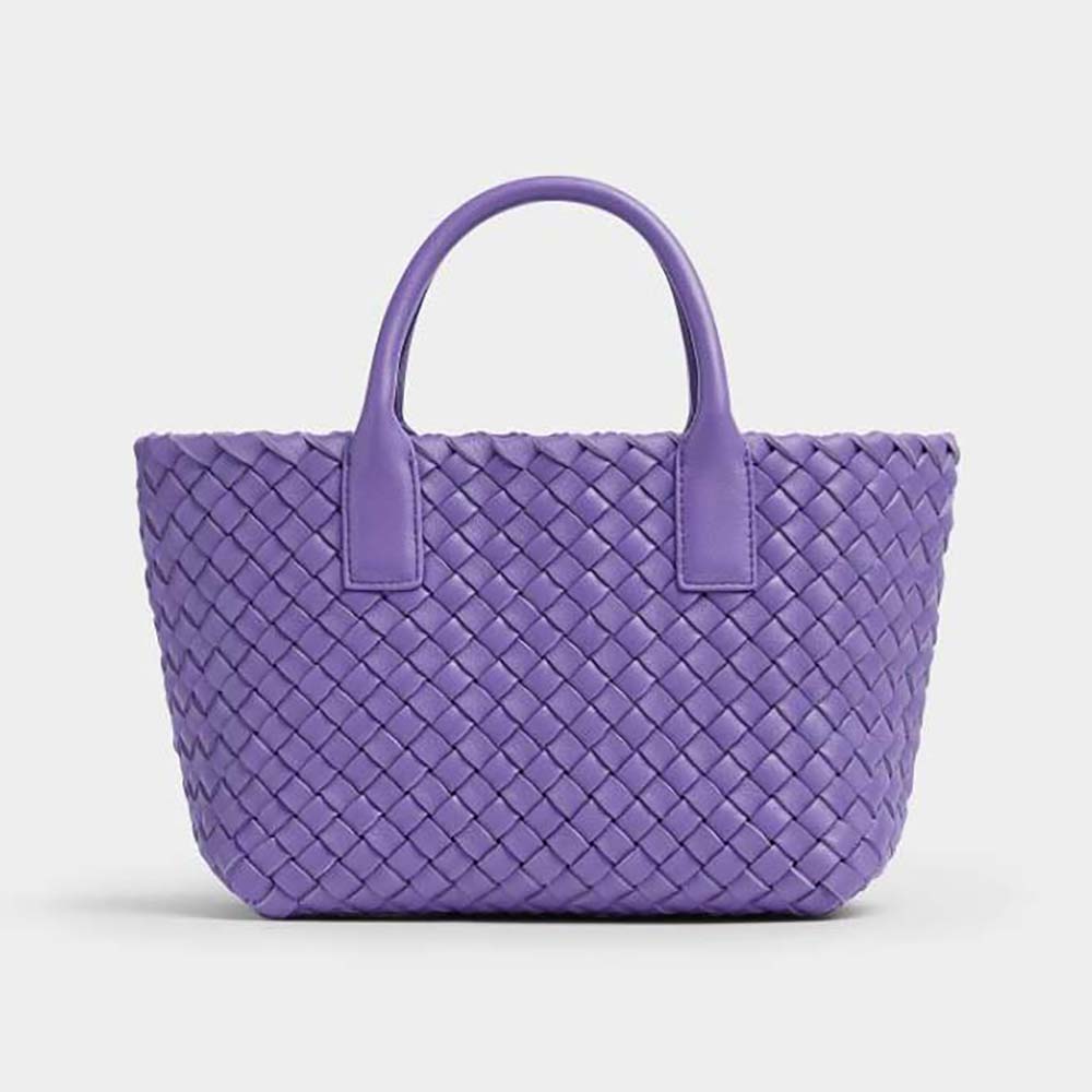 Front view of Bottega Veneta Women Mini Cabat Intreccio Leather Tote Bag Purple