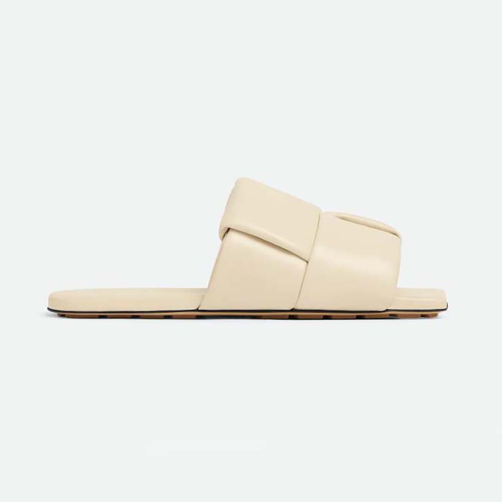 Side view of Bottega Veneta Women Patch Flat Mule Padded Intreccio Leather Flat Mules-Beige