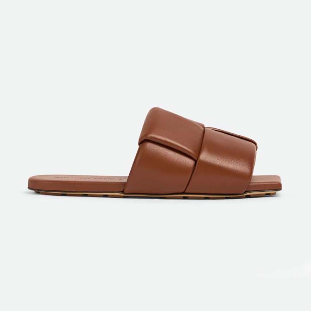 Side view of Bottega Veneta Women Patch Flat Mule Padded Intreccio Leather Flat Mules-Brown