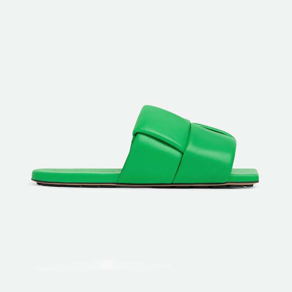 Side view of Bottega Veneta Women Patch Flat Mule Padded Intreccio Leather Flat Mules-Green
