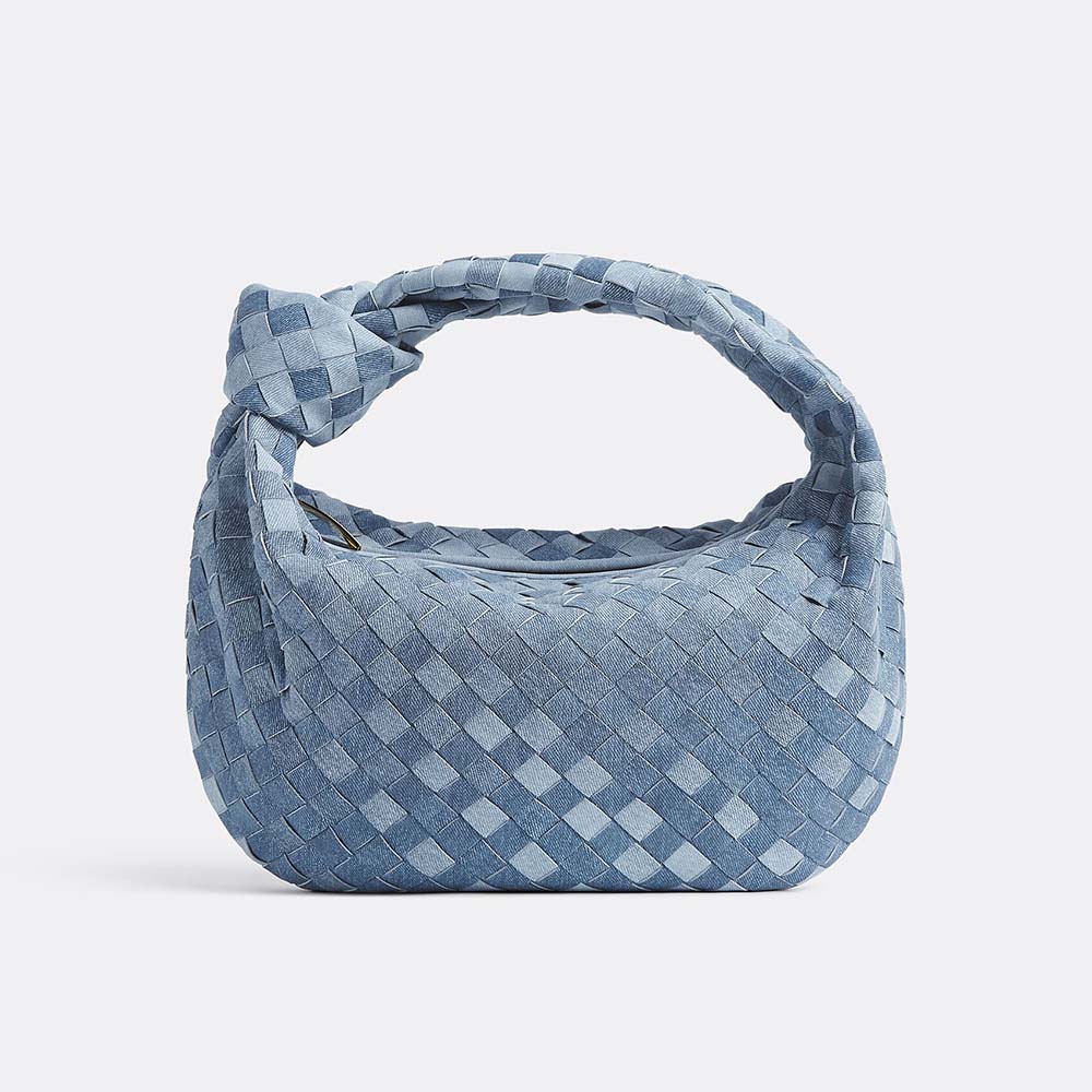Front view of Bottega Veneta Women Teen Jodie Denim Effect Leather Shoulder Bag in blue