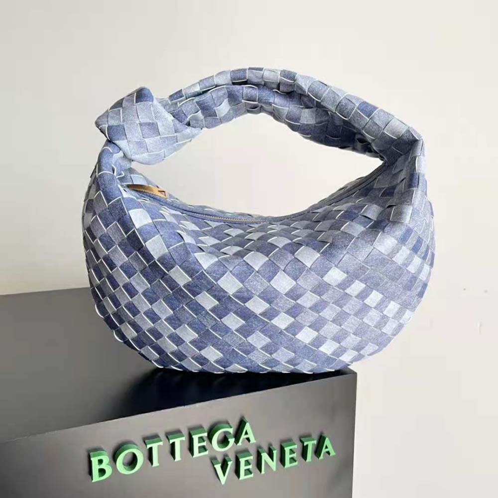 Close-up of intrecciato woven detail on Bottega Veneta Teen Jodie Denim Effect Leather Shoulder Bag