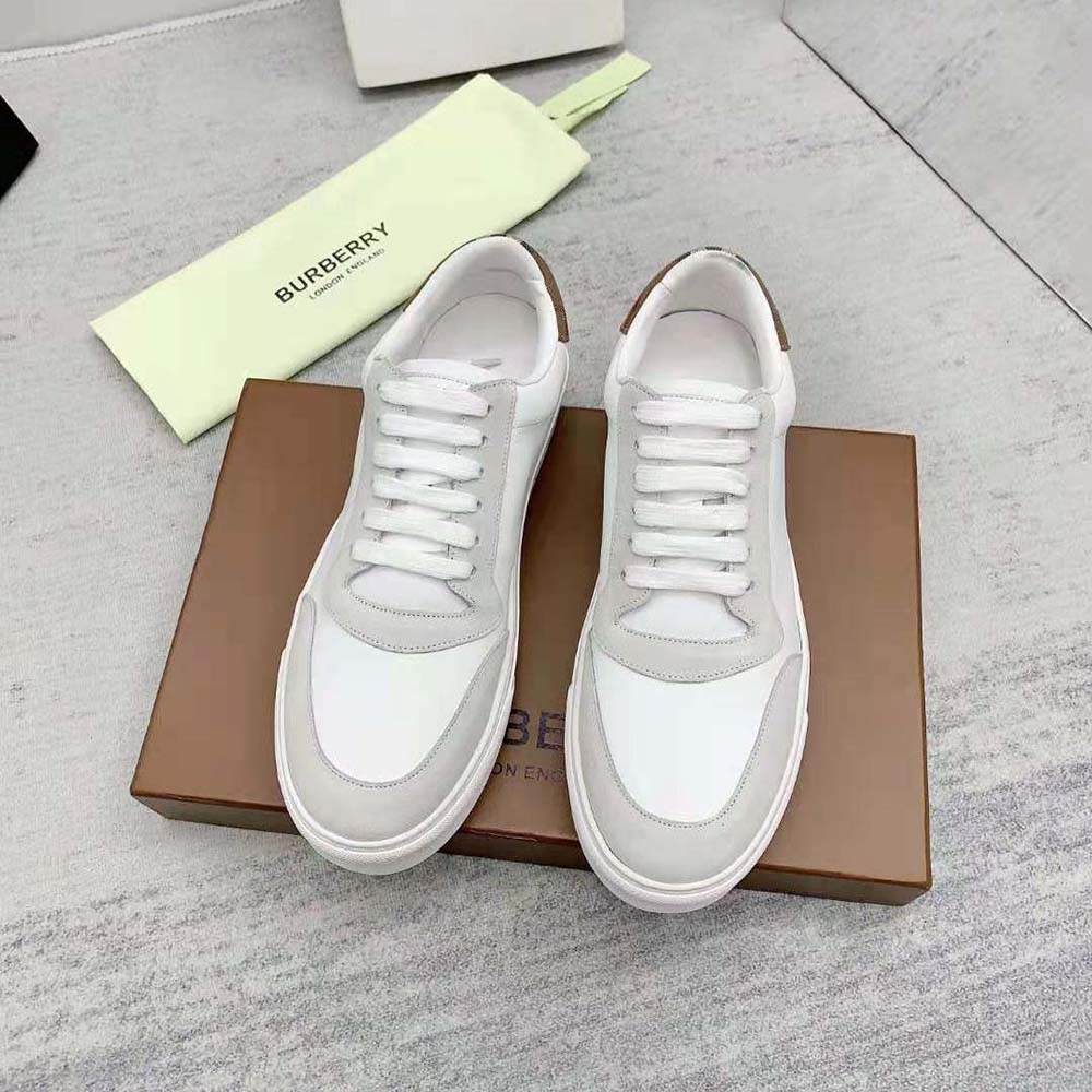 Close-up of Burberry Men Leather Suede and Check Cotton Sneakers signature check detail