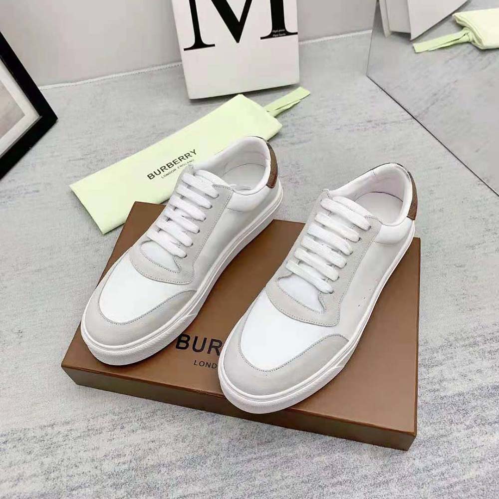 Side profile showing leather and suede textures on Burberry Men Leather Suede and Check Cotton Sneakers