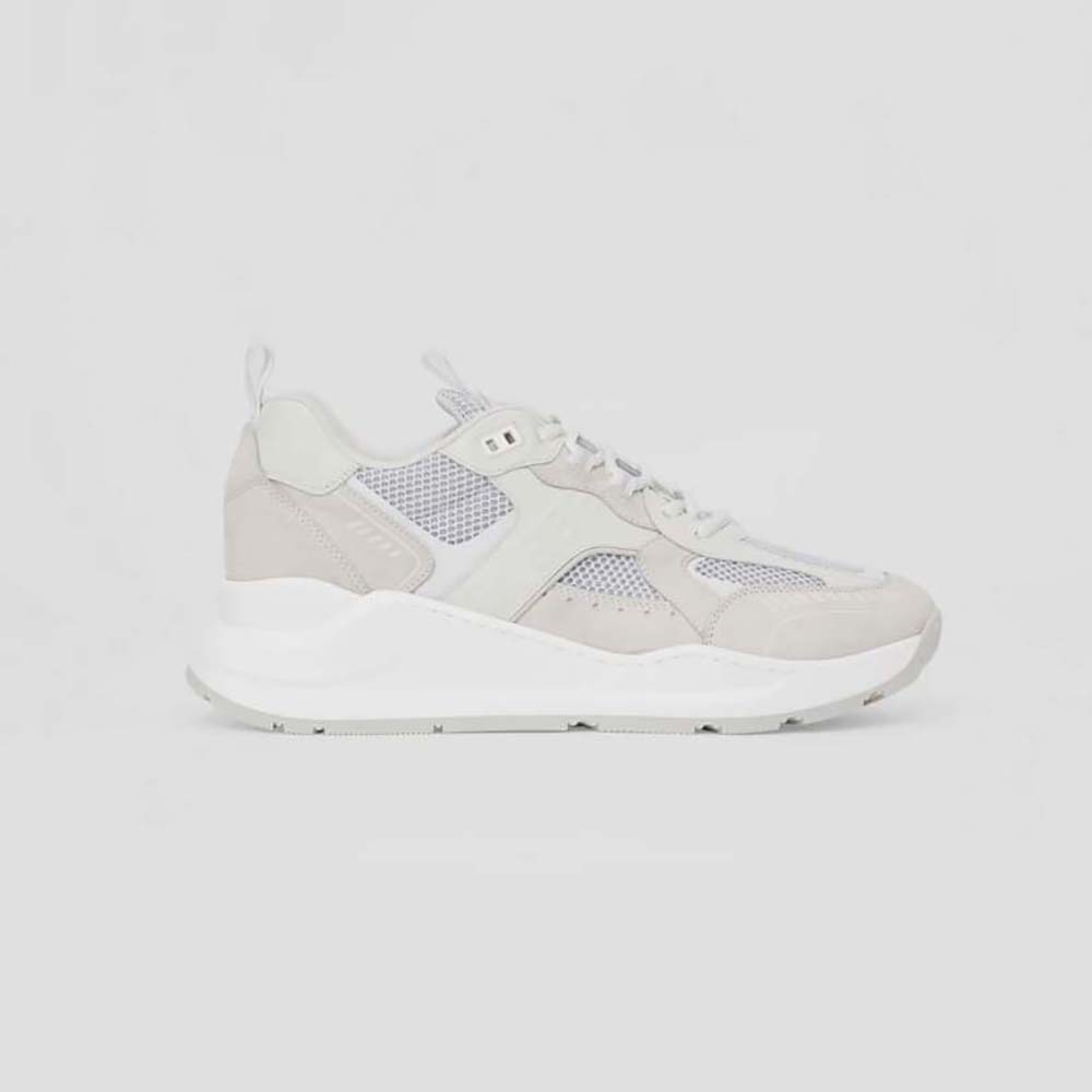 Side view of Burberry Men Logo Print Leather Suede and Mesh Sneakers-White
