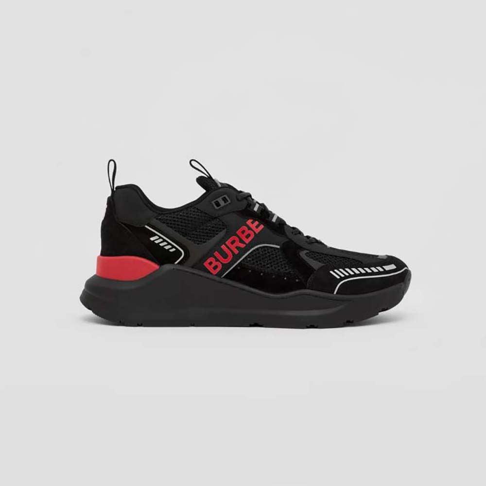 Front angle of Burberry Men Logo Print Suede and Mesh Sneakers-Black