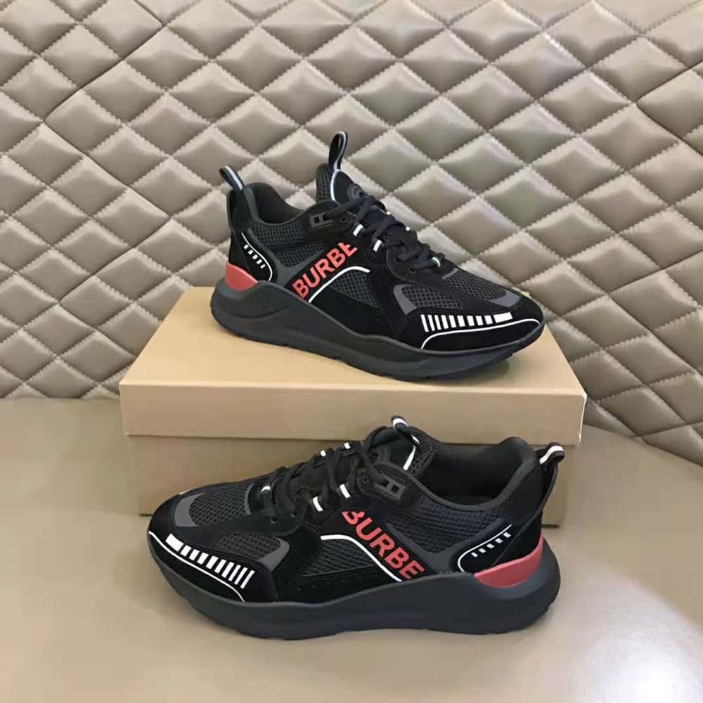 Burberry Men Logo Print Suede and Mesh Sneakers-Black - image 4