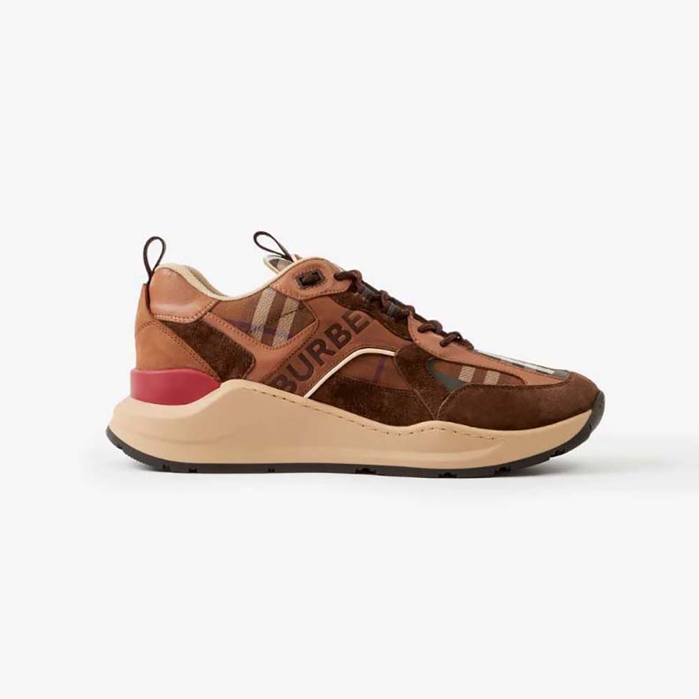 Side view of Burberry Men Logo Print Suede and Mesh Sneakers-Brown