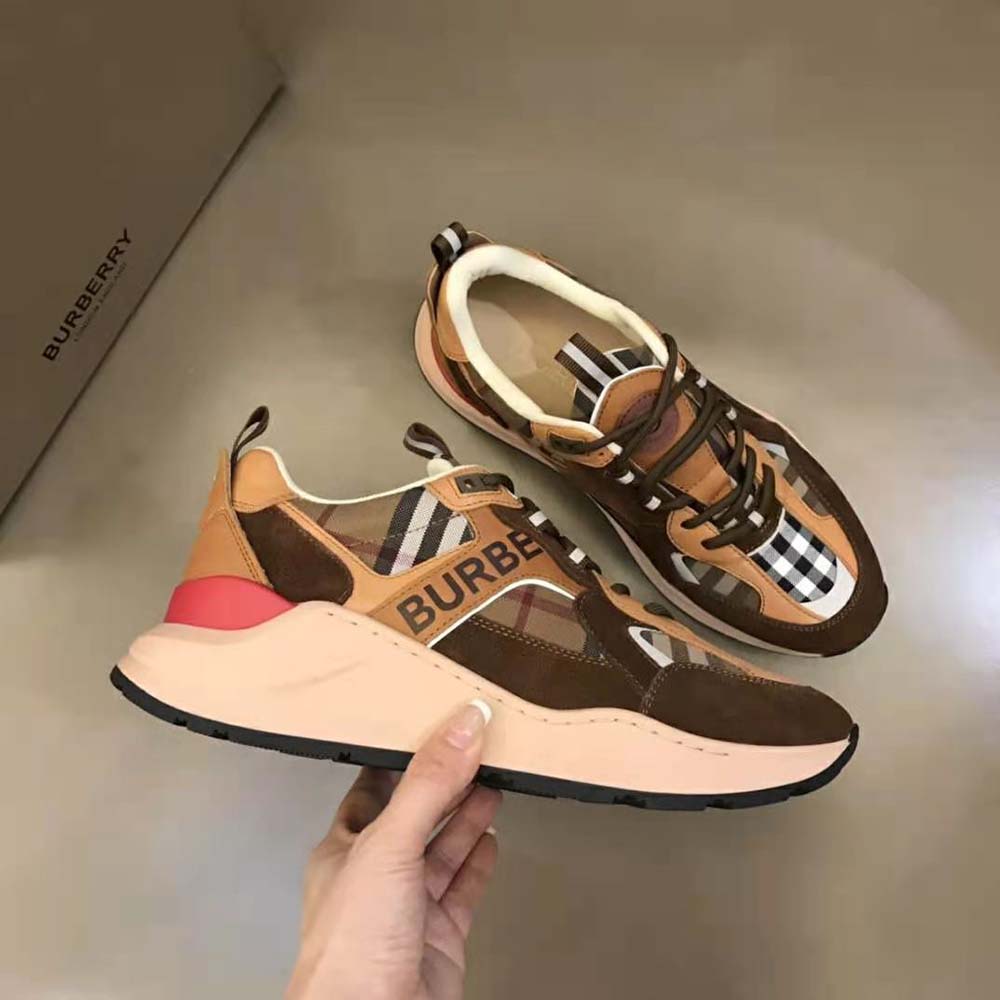 Burberry Men Logo Print Suede and Mesh Sneakers-Brown - image 5