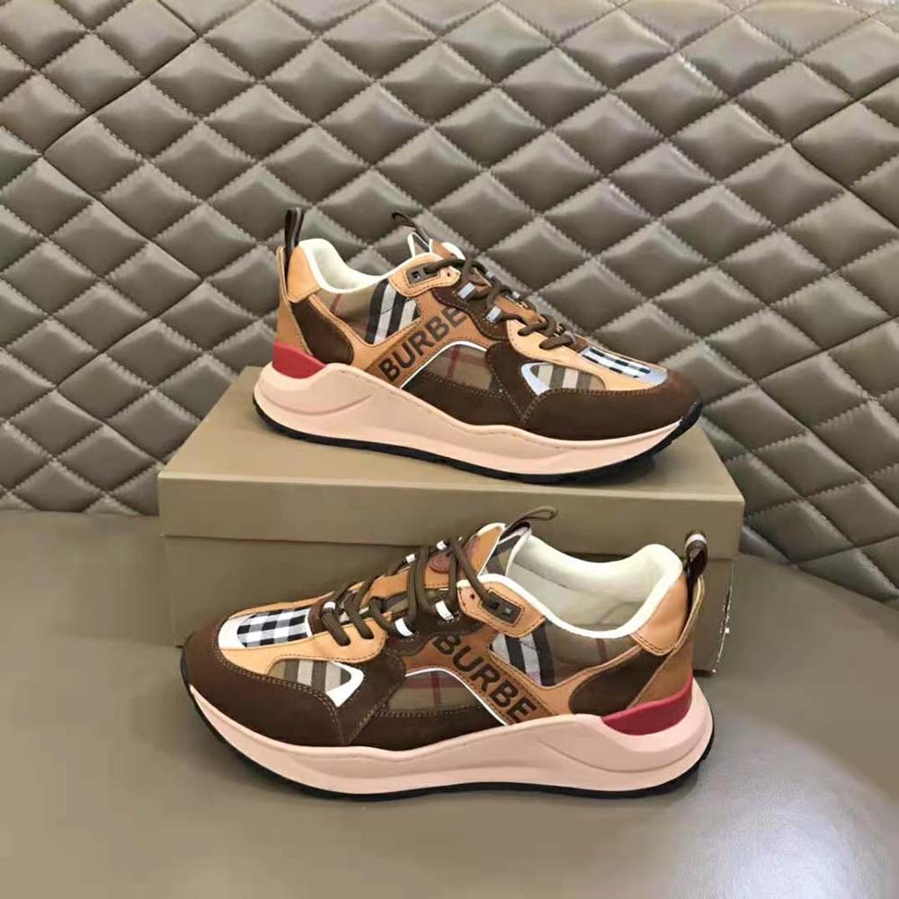 Top angle showing Burberry logo print on brown sneakers