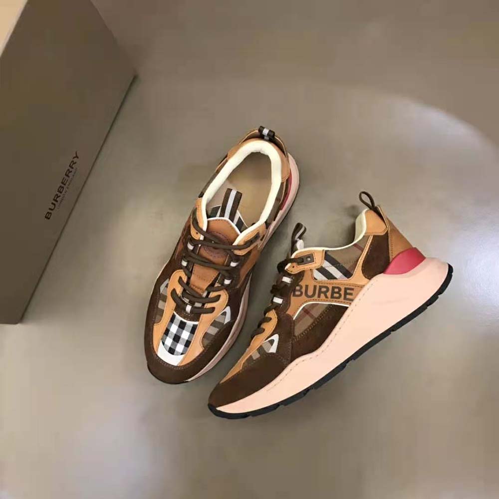 Burberry Men Logo Print Suede and Mesh Sneakers-Brown - image 4