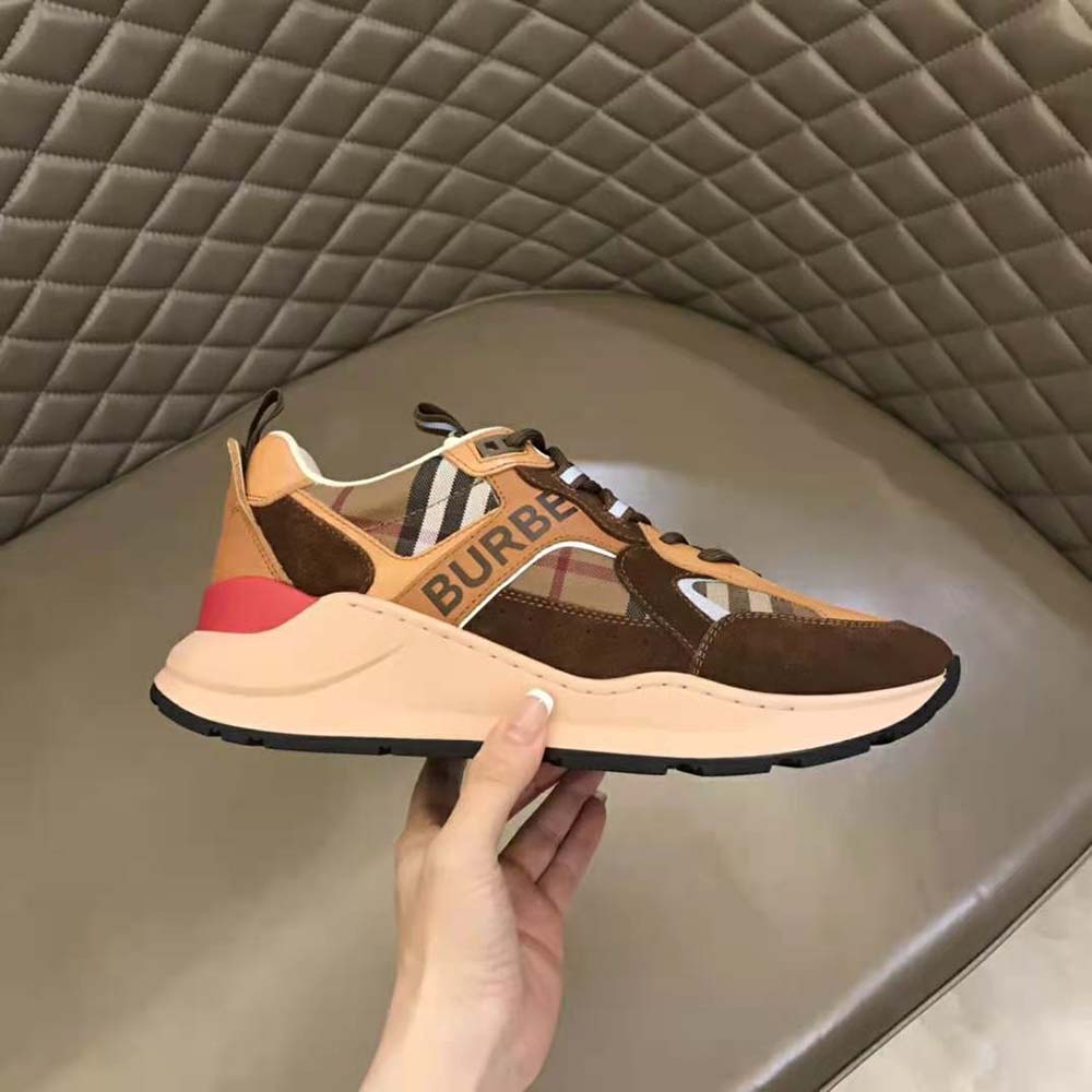 Burberry Men Logo Print Suede and Mesh Sneakers-Brown - image 7