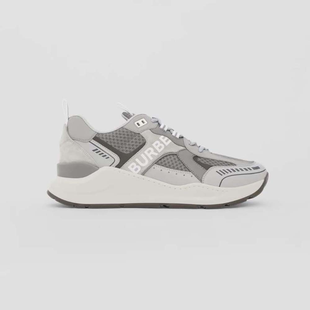 Side view of Burberry Men Logo Print Suede and Mesh Sneakers-Silver