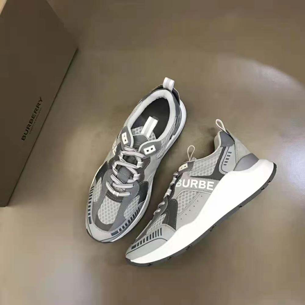 Burberry Men Logo Print Suede and Mesh Sneakers-Silver - image 4