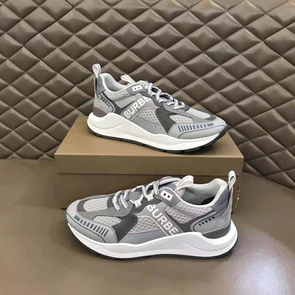 Top-down shot highlighting signature logo print on Burberry sneakers