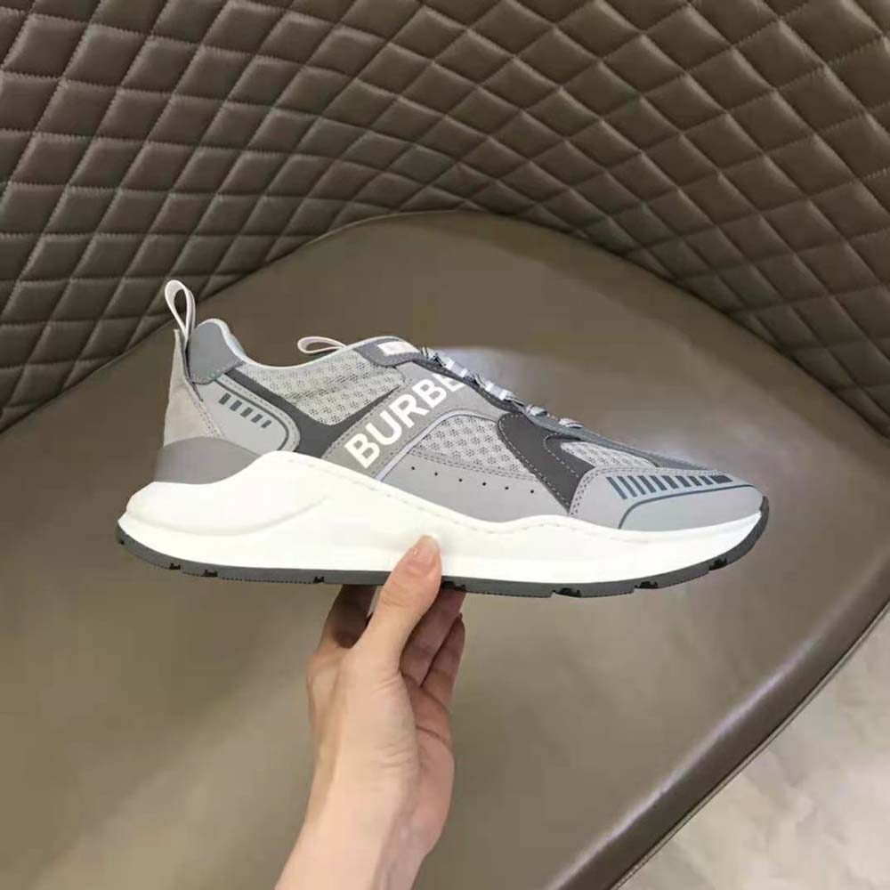 Burberry Men Logo Print Suede and Mesh Sneakers-Silver - image 9