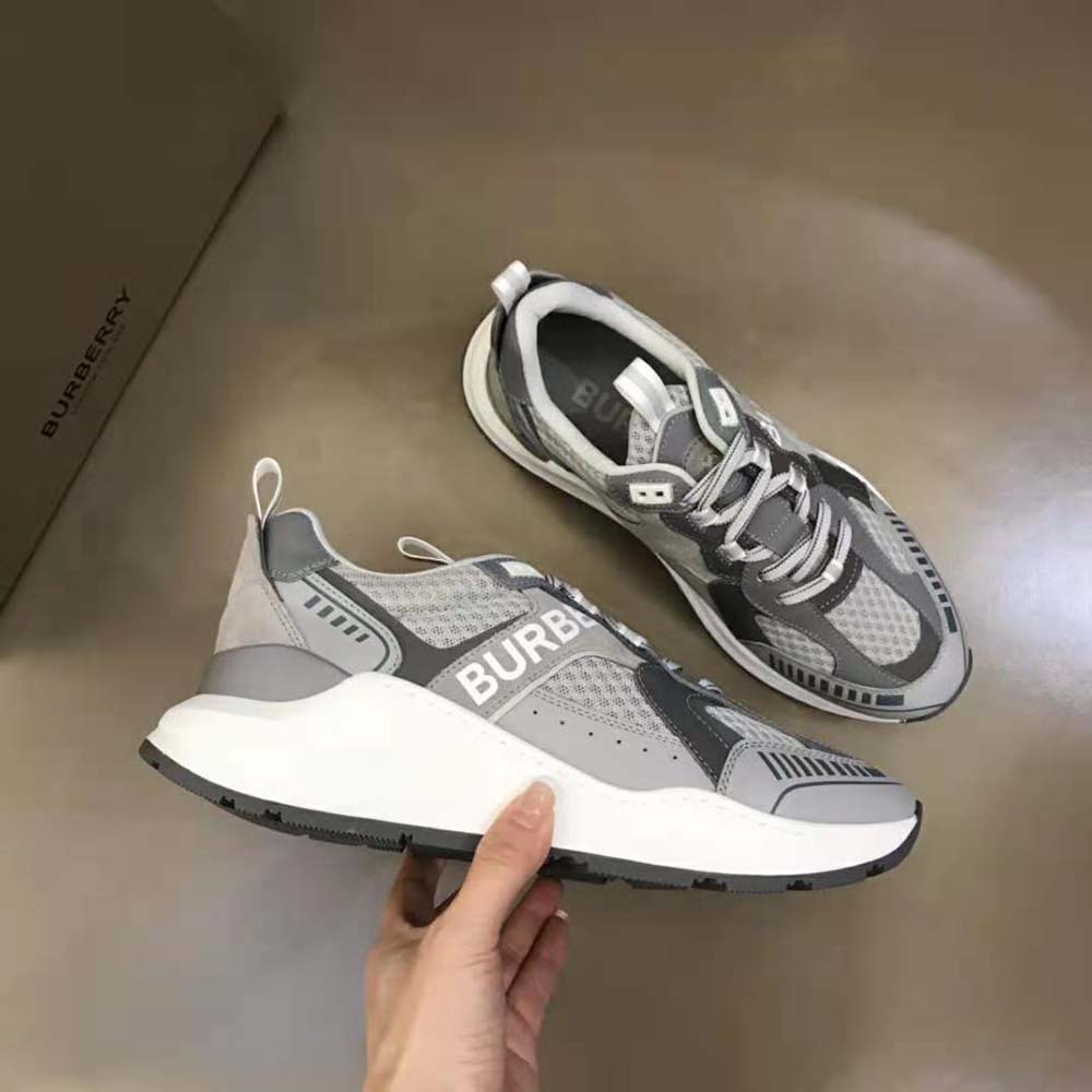 Burberry Men Logo Print Suede and Mesh Sneakers-Silver - image 5