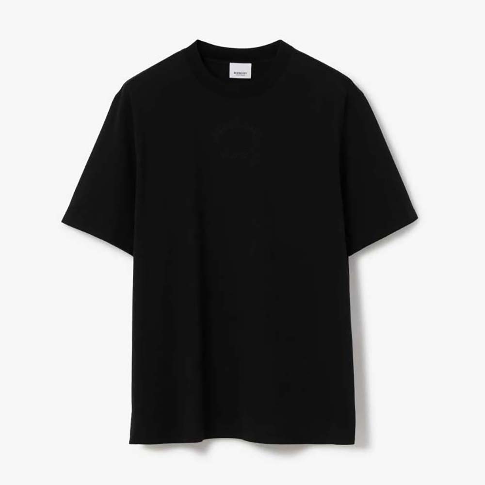 Front view of Burberry Men Embroidered Oak Leaf Crest Cotton T-shirt-Black