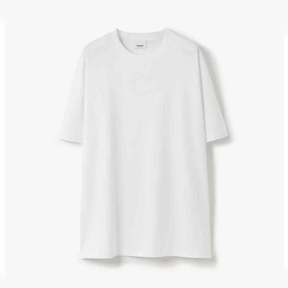 Front view of Burberry Men Embroidered Oak Leaf Crest Cotton T-shirt-White