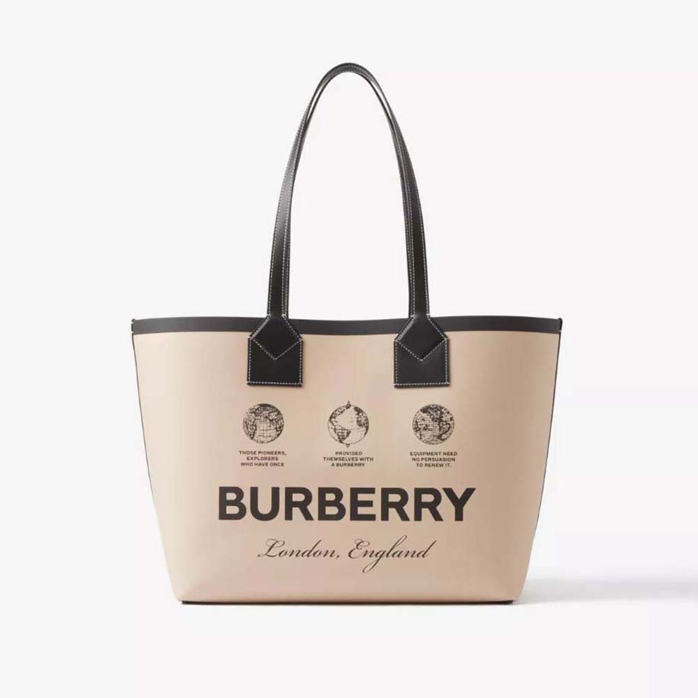 Front view of Burberry Women Label Print Cotton Medium London Tote Bag in beige