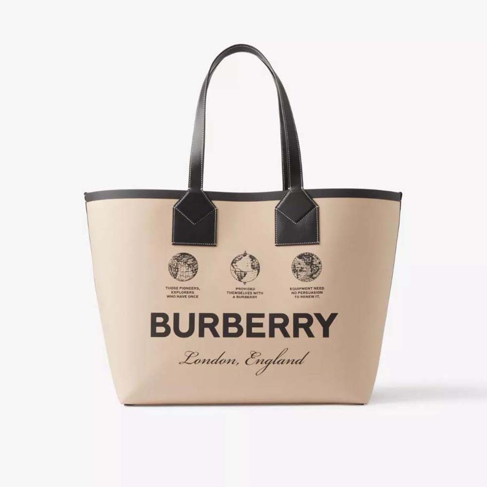 Front view of Burberry Women Label Print Cotton and Leather Large London Tote Bag