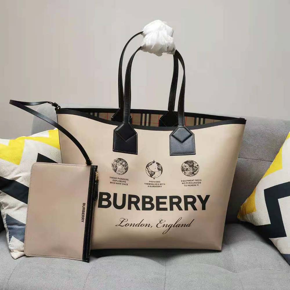 Close-up of signature label print on Burberry large London tote bag