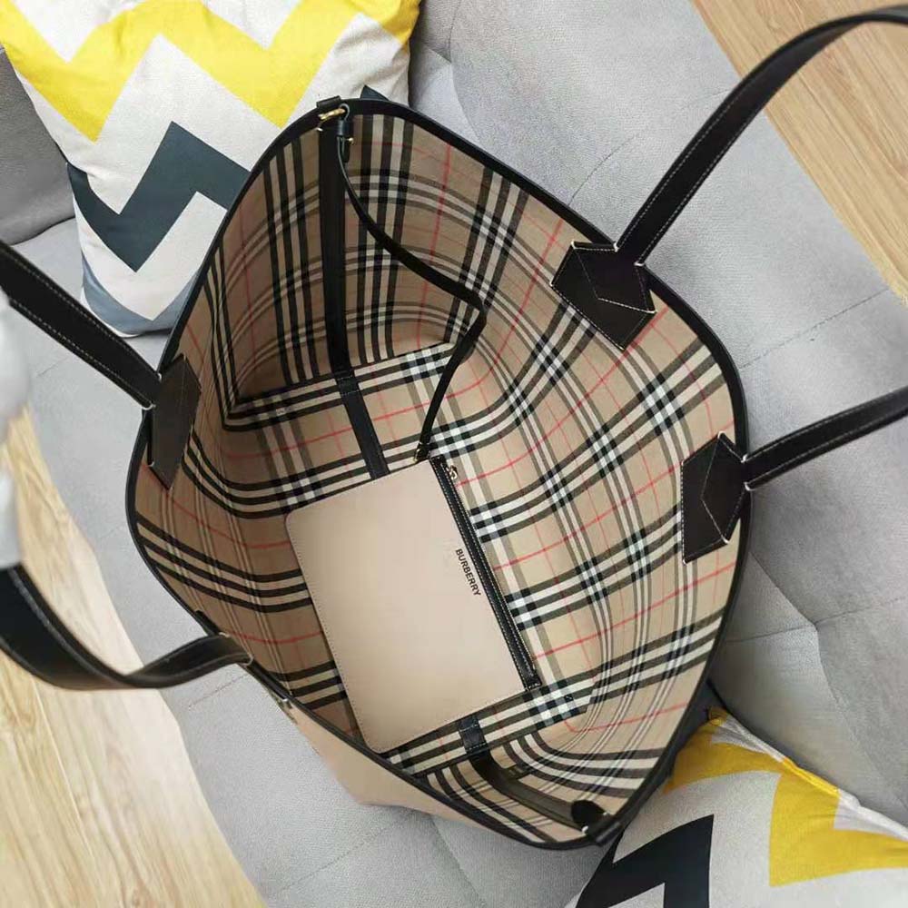 Burberry Women Label Print Cotton and Leather Large London Tote Bag - image 6