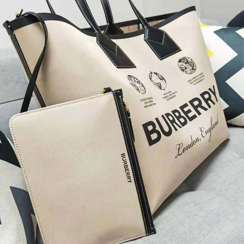 Burberry Women Label Print Cotton and Leather Large London Tote Bag - image 5