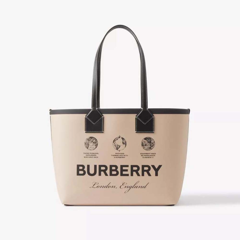 Front view of Burberry Women Label Print Cotton and Leather Small London Tote Bag