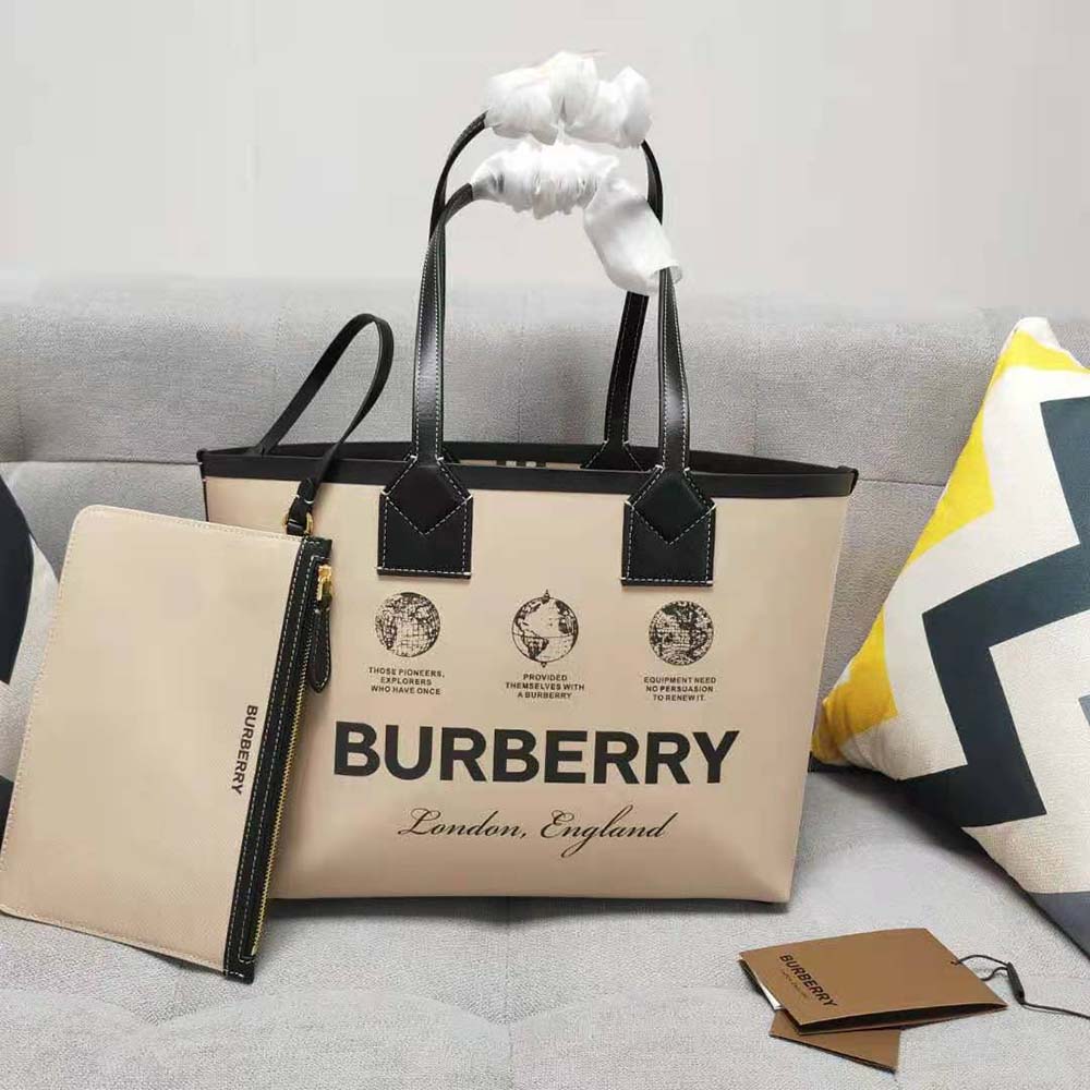 Close-up of beige leather trim and signature label print on Burberry tote