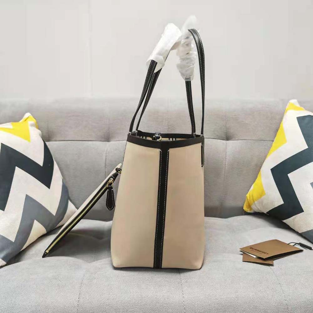 Burberry Women Label Print Cotton and Leather Small London Tote Bag - image 4