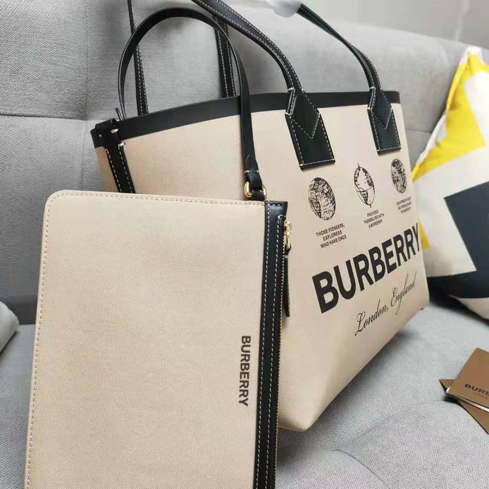 Burberry Women Label Print Cotton and Leather Small London Tote Bag - image 5