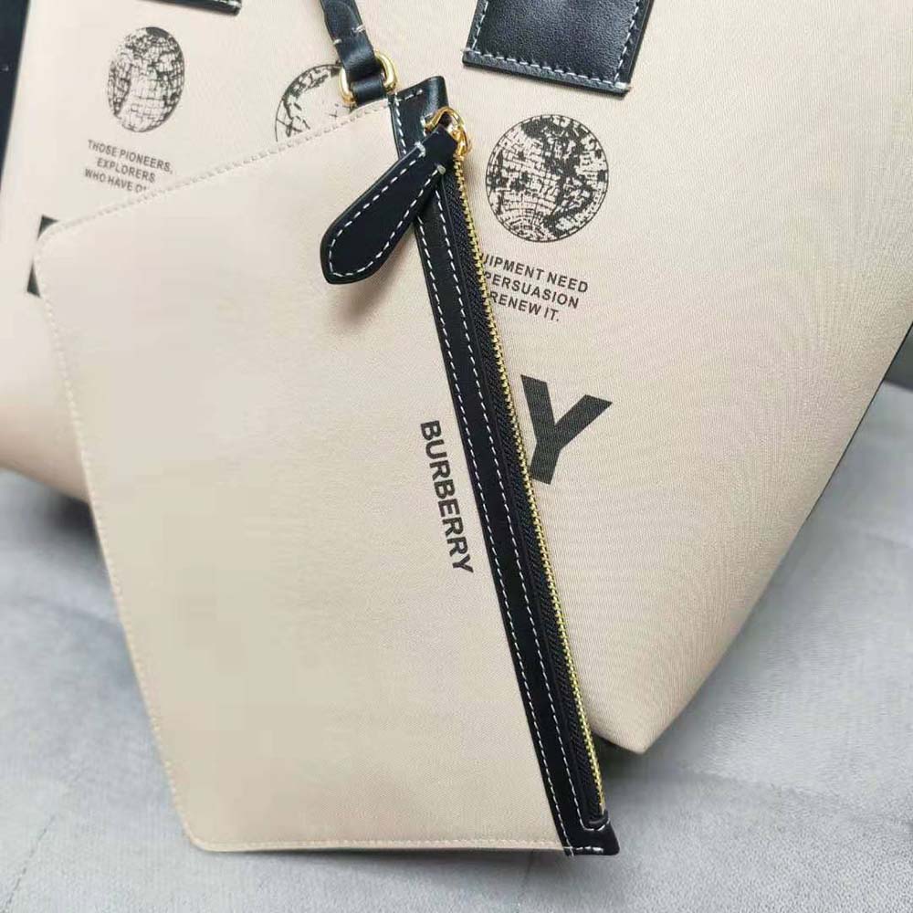Burberry Women Label Print Cotton and Leather Small London Tote Bag - image 8