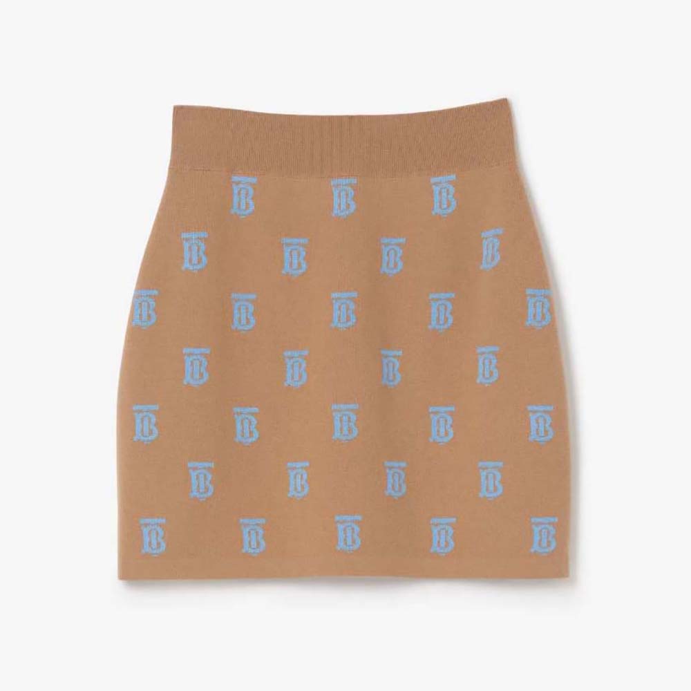 Front view of Burberry Women Monogram Wool Silk Blend Jacquard Mini Skirt
