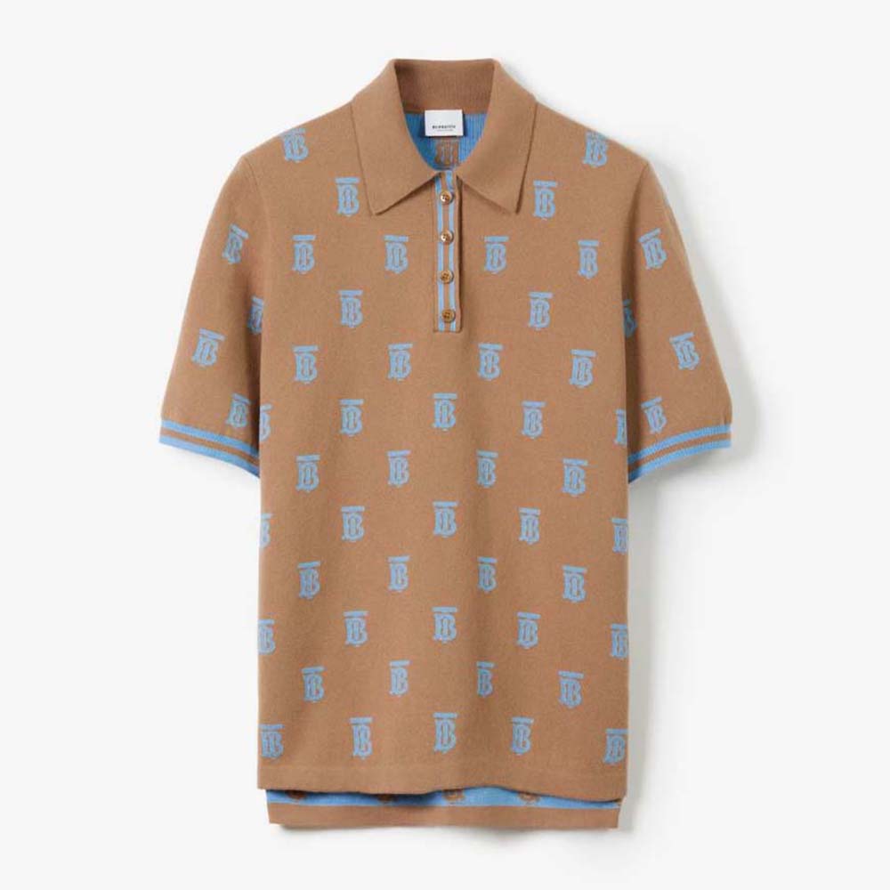 Front view of Burberry Women Monogram Wool Silk Blend Polo Shirt in brown